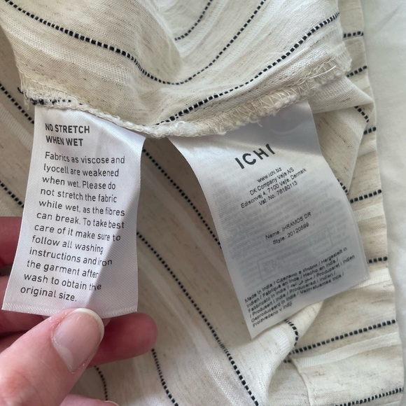 ICHI Striped Button Down Maxi Dress Linen Blend Look V-Neck Short Sleeve Neutral - Picture 14 of 15